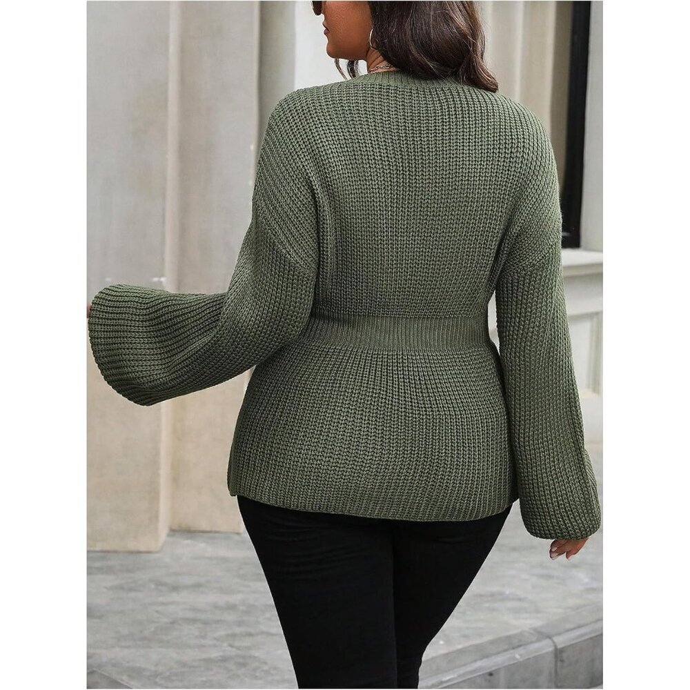 Women's Plus Size Rib Knit V Neck Sweater Pullover Casual Fall Outfit - Picture 2 of 5